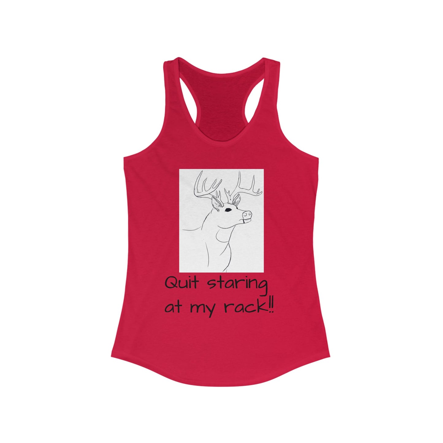 Funny Women's Racerback Tank - "Quit Staring at My Rack!!" - Perfect for Casual Outings and Outdoor Events